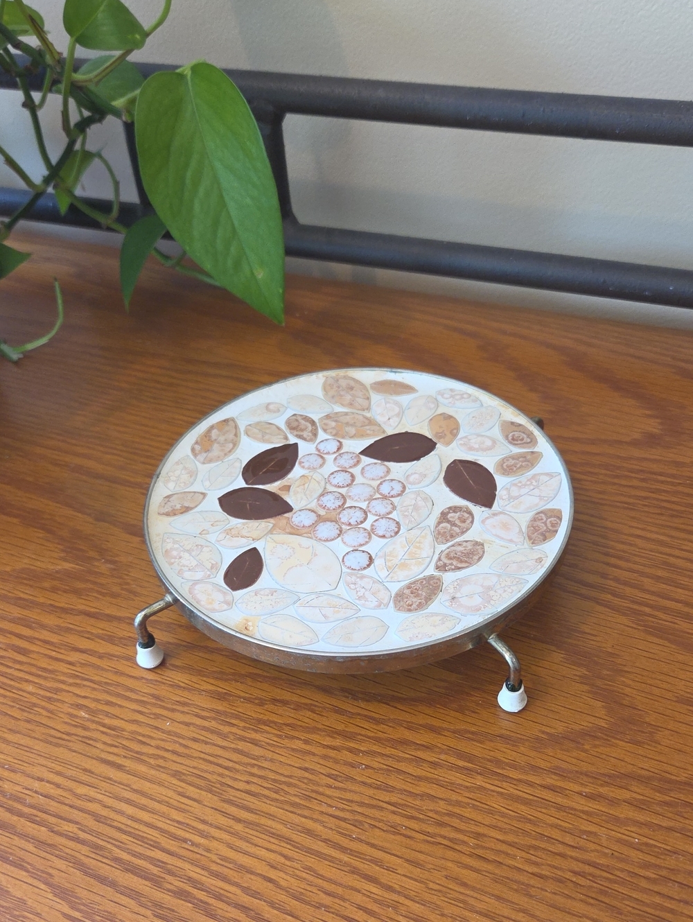 Vtg Mosaic Footed Trivet with Leaf Design - 6" Diameter